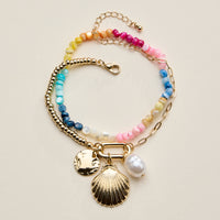 Beaded Shell Charm Bracelet for Women – Multicolor Bead Bracelet with Pearl & Gold Charms
