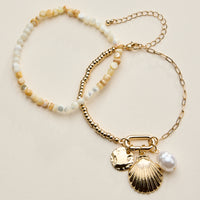 Beaded Shell Charm Bracelet for Women – Multicolor Bead Bracelet with Pearl & Gold Charms