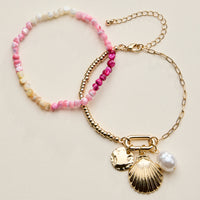 Beaded Shell Charm Bracelet for Women – Multicolor Bead Bracelet with Pearl & Gold Charms