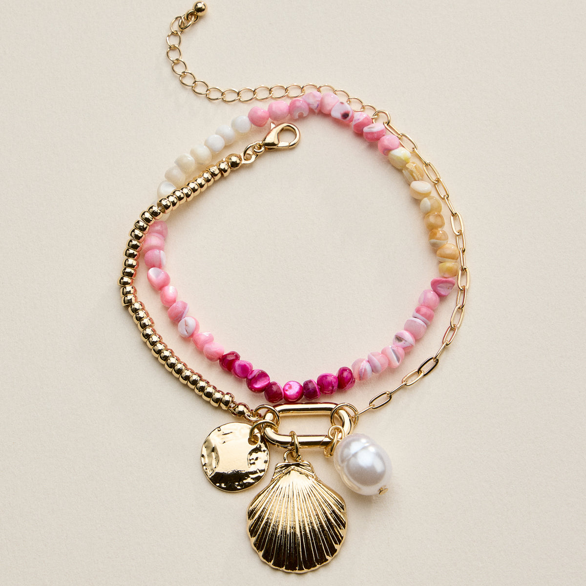 Beaded Shell Charm Bracelet for Women – Multicolor Bead Bracelet with Pearl & Gold Charms
