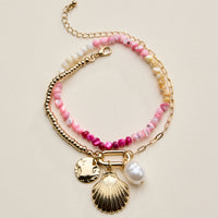 Beaded Shell Charm Bracelet for Women – Multicolor Bead Bracelet with Pearl & Gold Charms