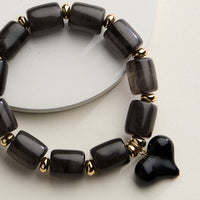 Chunky Beaded Stretch Bracelet with Heart Charm – Polished Resin Beads & Gold Accents, Statement Elastic Bracelet