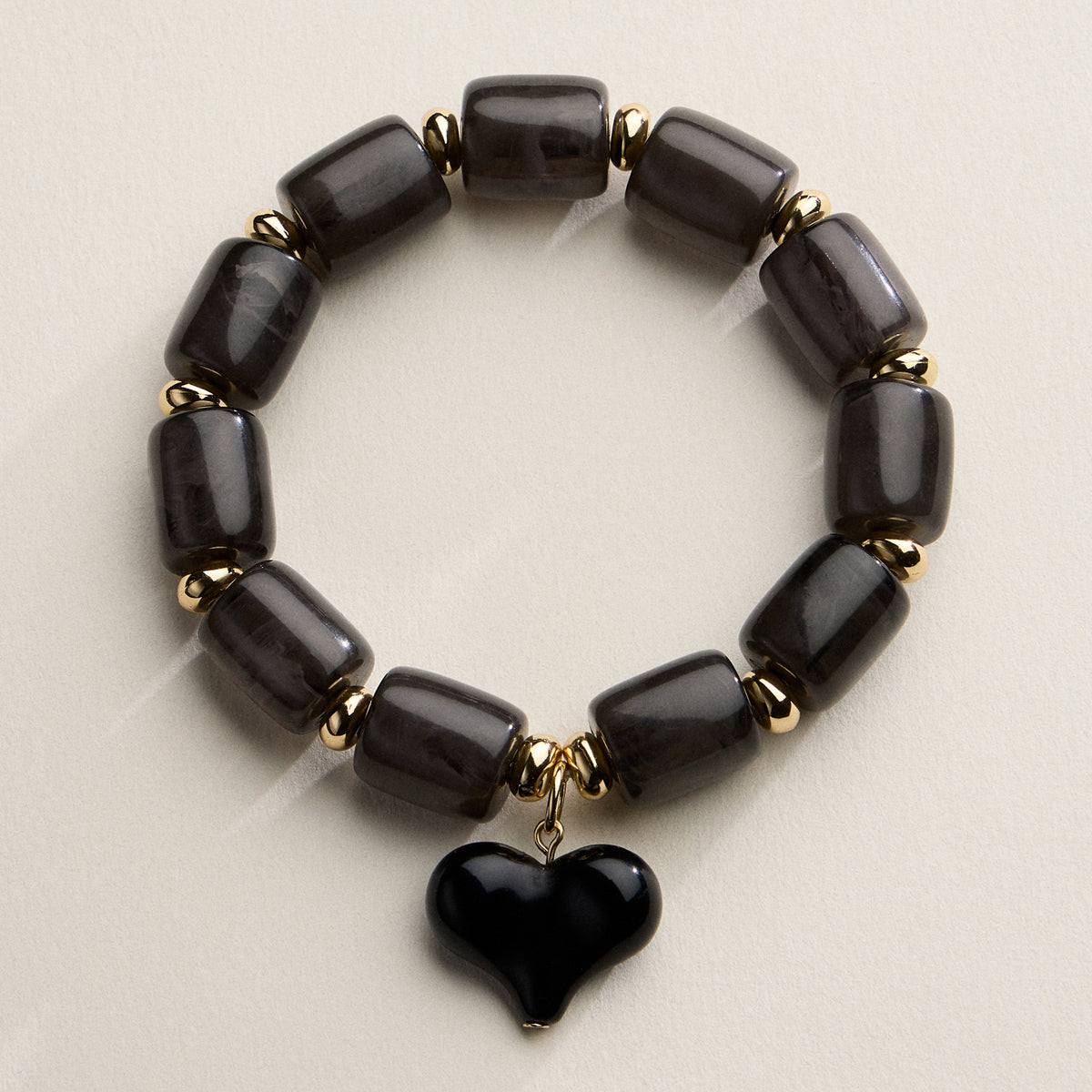 Chunky Beaded Stretch Bracelet with Heart Charm – Polished Resin Beads & Gold Accents, Statement Elastic Bracelet