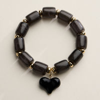 Chunky Beaded Stretch Bracelet with Heart Charm – Polished Resin Beads & Gold Accents, Statement Elastic Bracelet