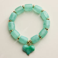 Chunky Beaded Stretch Bracelet with Heart Charm – Polished Resin Beads & Gold Accents, Statement Elastic Bracelet