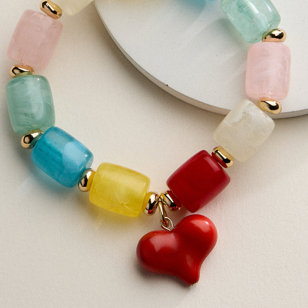 Chunky Beaded Stretch Bracelet with Heart Charm – Polished Resin Beads & Gold Accents, Statement Elastic Bracelet