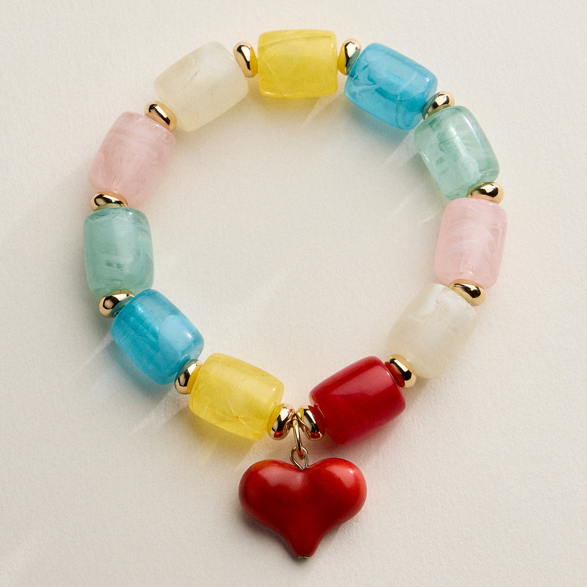 Chunky Beaded Stretch Bracelet with Heart Charm – Polished Resin Beads & Gold Accents, Statement Elastic Bracelet