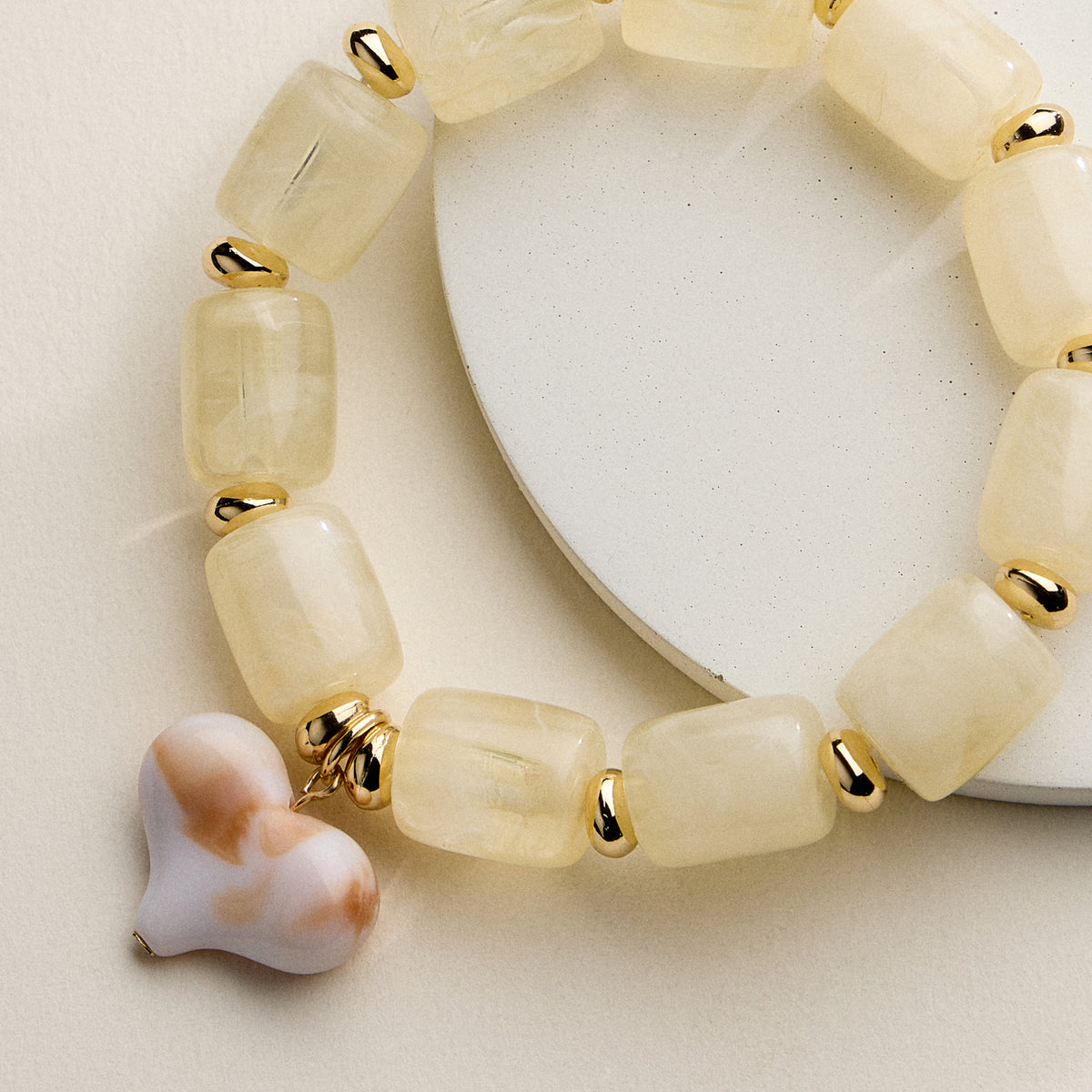 Chunky Beaded Stretch Bracelet with Heart Charm – Polished Resin Beads & Gold Accents, Statement Elastic Bracelet