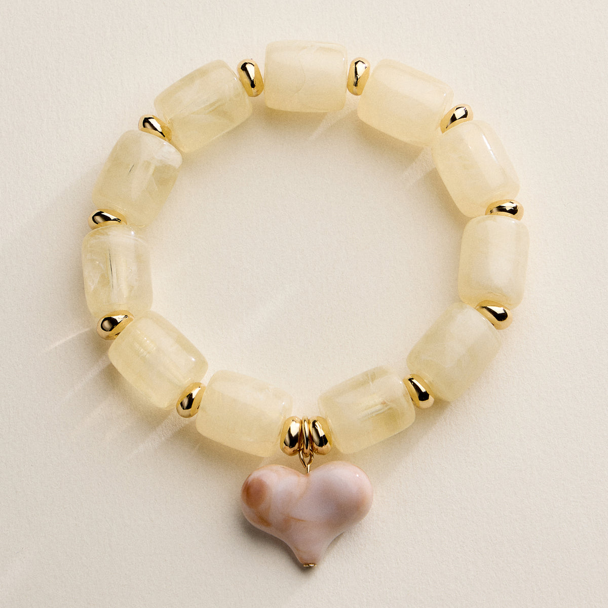 Chunky Beaded Stretch Bracelet with Heart Charm – Polished Resin Beads & Gold Accents, Statement Elastic Bracelet