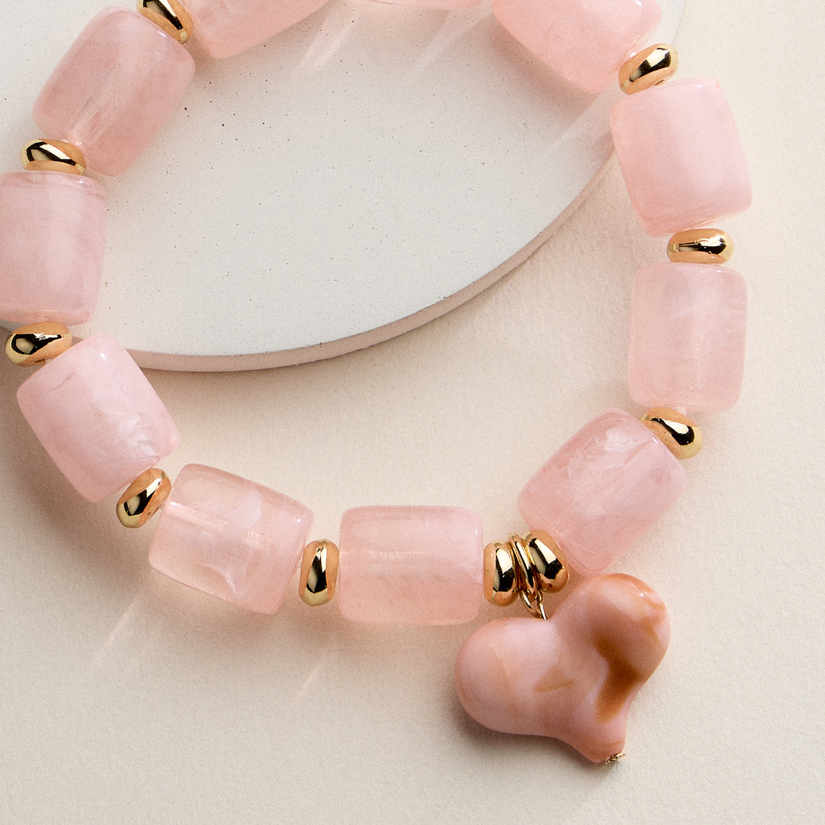 Chunky Beaded Stretch Bracelet with Heart Charm – Polished Resin Beads & Gold Accents, Statement Elastic Bracelet