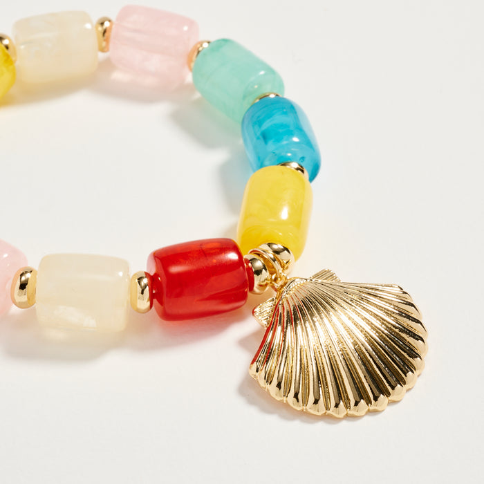Gold Seashell Charm Beaded Bracelet – Colorful Stretch Bracelet for Women, Summer Beach Jewelry