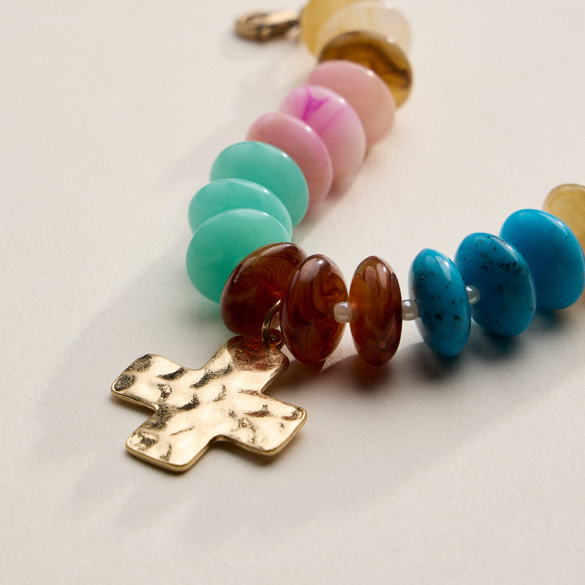 Beaded Cross Charm Bracelet – Colorful Bead Bracelet with Gold Cross Pendant