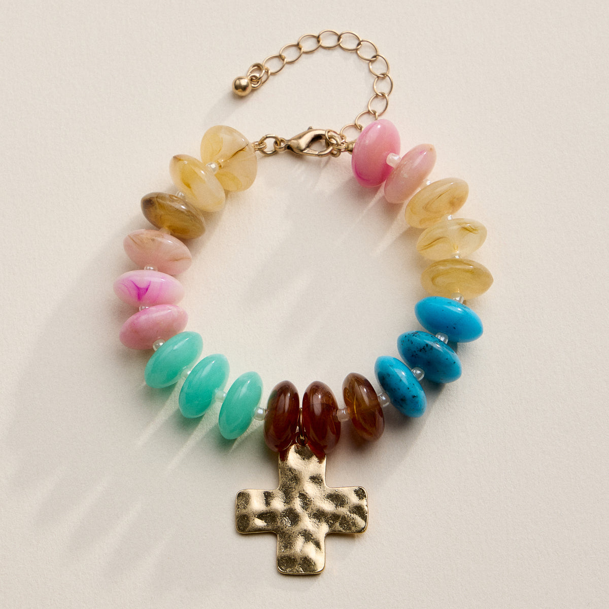 Beaded Cross Charm Bracelet – Colorful Bead Bracelet with Gold Cross Pendant
