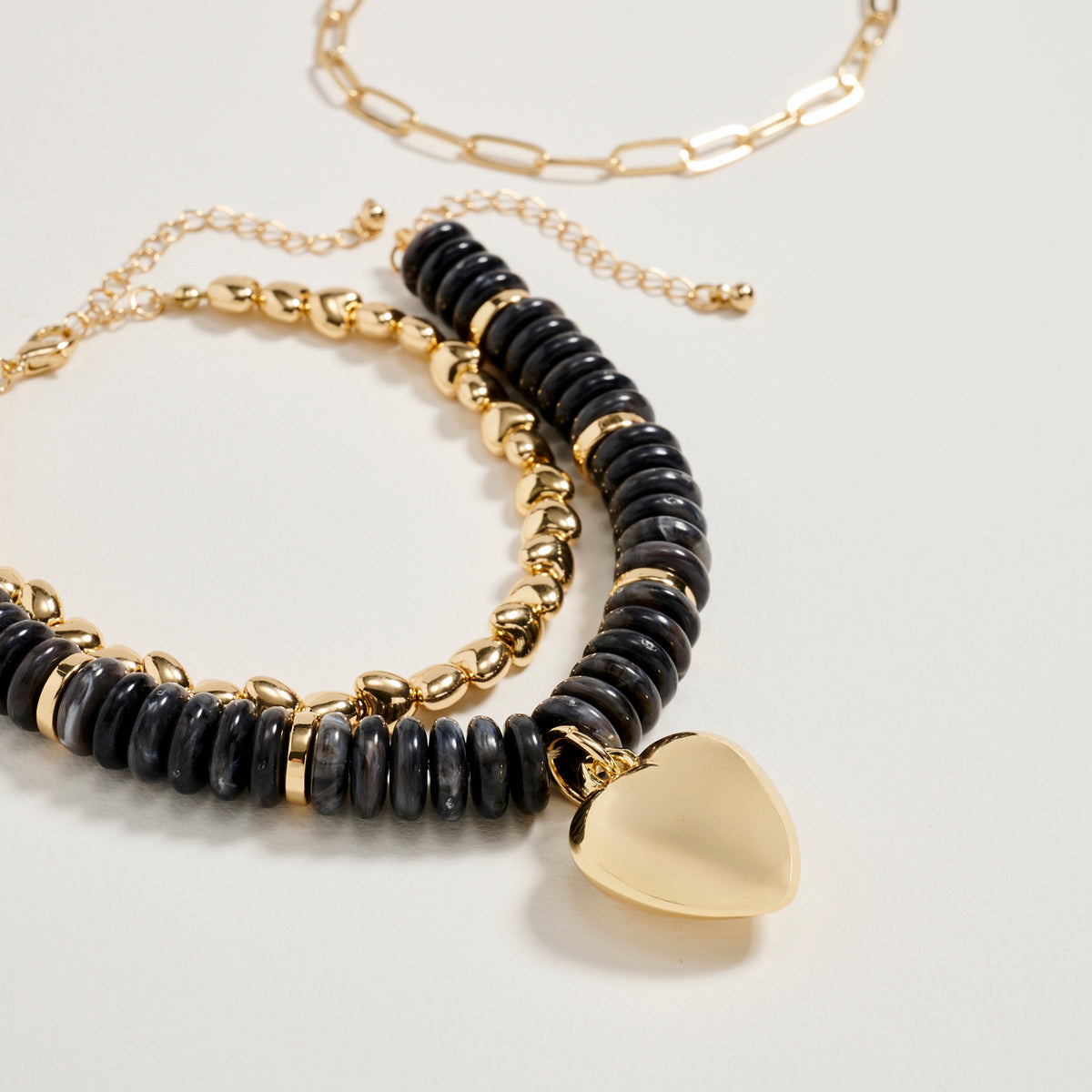 Gold Heart Charm Beaded Bracelet Set – Layered Chain & Colorful Disc Beads, Adjustable Stackable Wrist Jewelry for Women