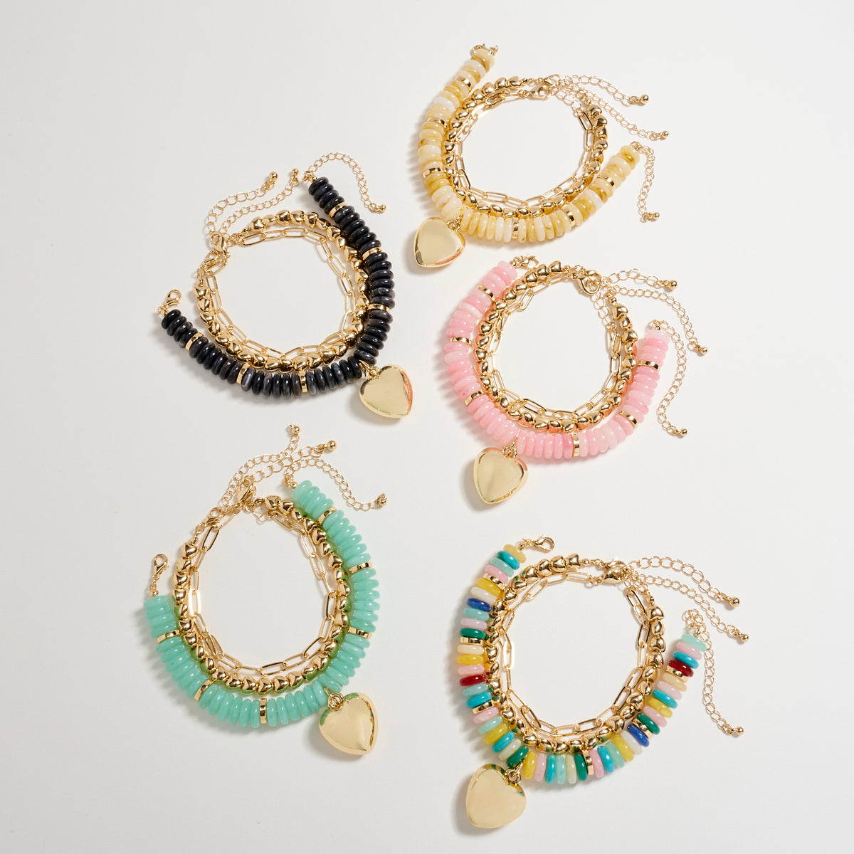 Gold Heart Charm Beaded Bracelet Set – Layered Chain & Colorful Disc Beads, Adjustable Stackable Wrist Jewelry for Women