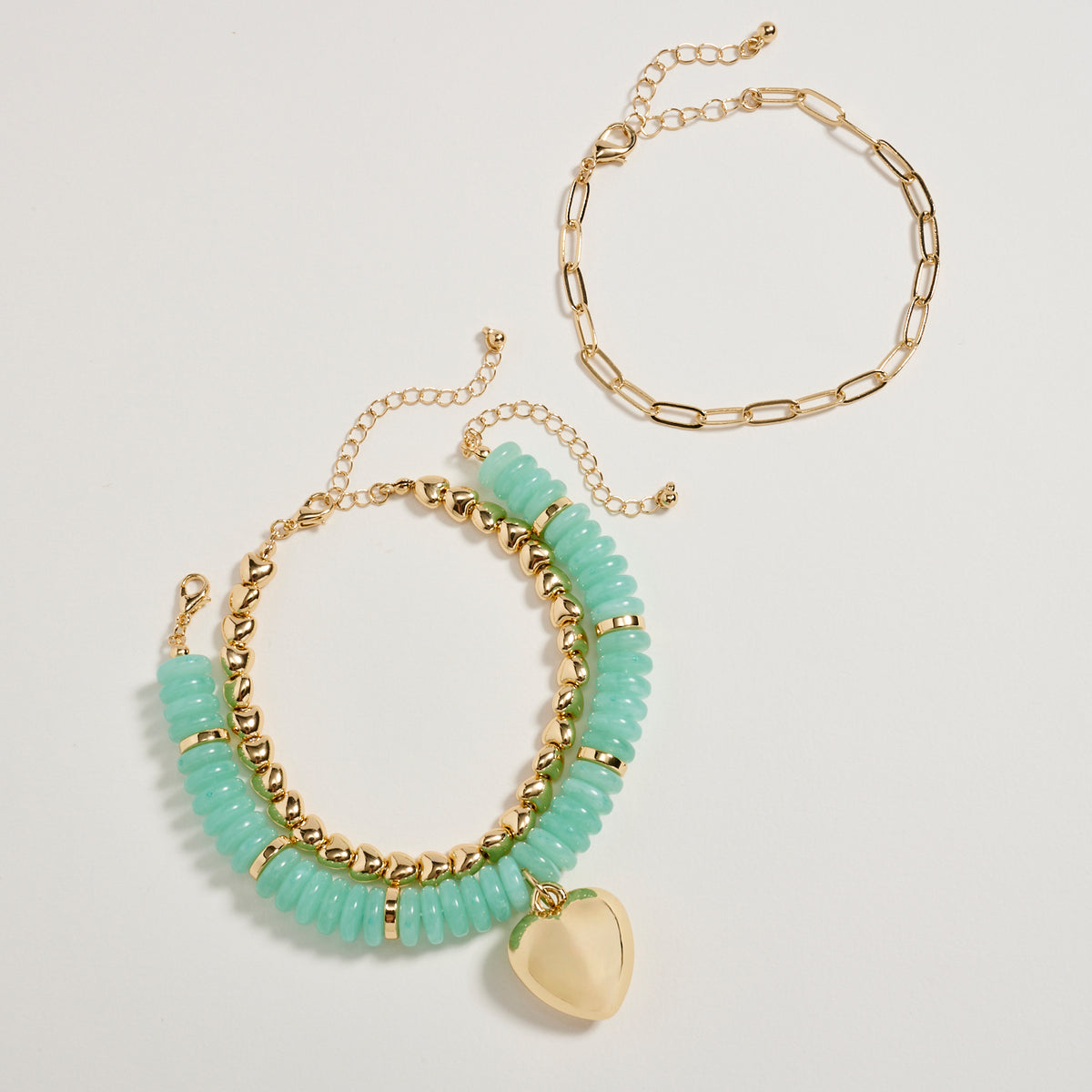 Gold Heart Charm Beaded Bracelet Set – Layered Chain & Colorful Disc Beads, Adjustable Stackable Wrist Jewelry for Women