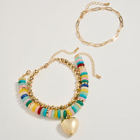 Gold Heart Charm Beaded Bracelet Set – Layered Chain & Colorful Disc Beads, Adjustable Stackable Wrist Jewelry for Women