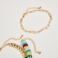 Gold Heart Charm Beaded Bracelet Set – Layered Chain & Colorful Disc Beads, Adjustable Stackable Wrist Jewelry for Women