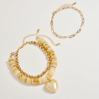 Gold Heart Charm Beaded Bracelet Set – Layered Chain & Colorful Disc Beads, Adjustable Stackable Wrist Jewelry for Women