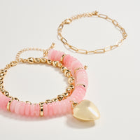 Gold Heart Charm Beaded Bracelet Set – Layered Chain & Colorful Disc Beads, Adjustable Stackable Wrist Jewelry for Women