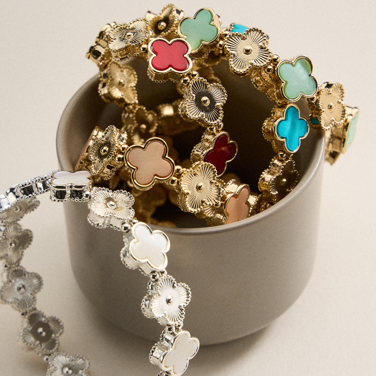 Enamel Floral Link Bracelet with Beaded Detailing