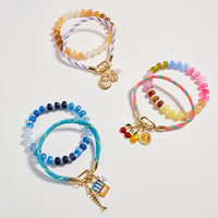 Double Layer Beaded Stretch &amp; Cord Bracelet with Gold Tone Charms