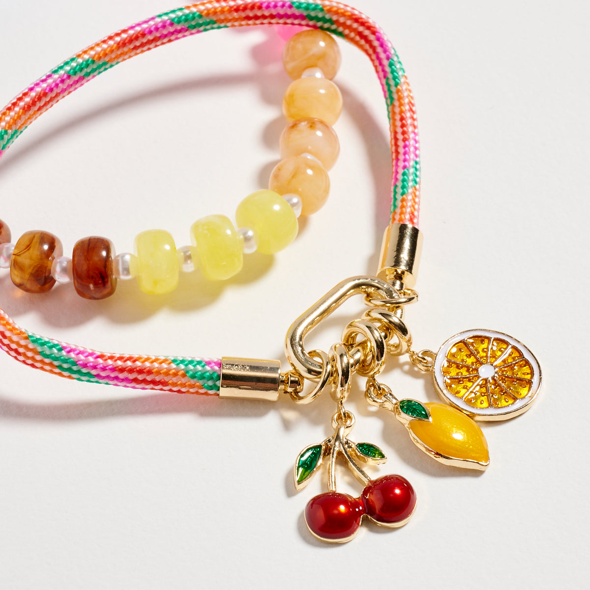 Double Layer Beaded Stretch &amp; Cord Bracelet with Gold Tone Charms