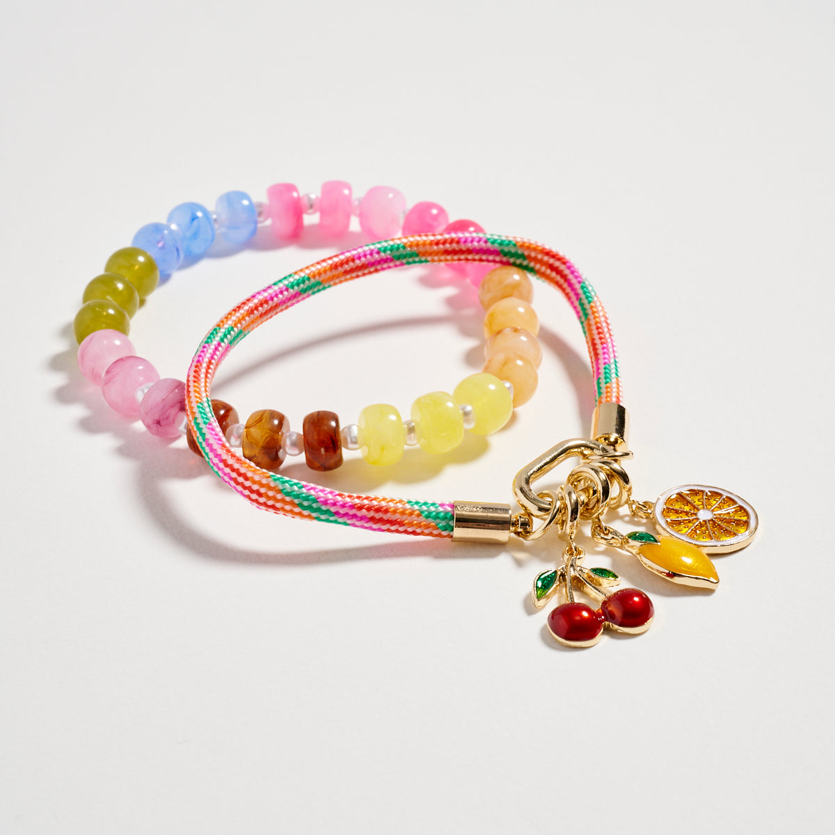 Double Layer Beaded Stretch &amp; Cord Bracelet with Gold Tone Charms