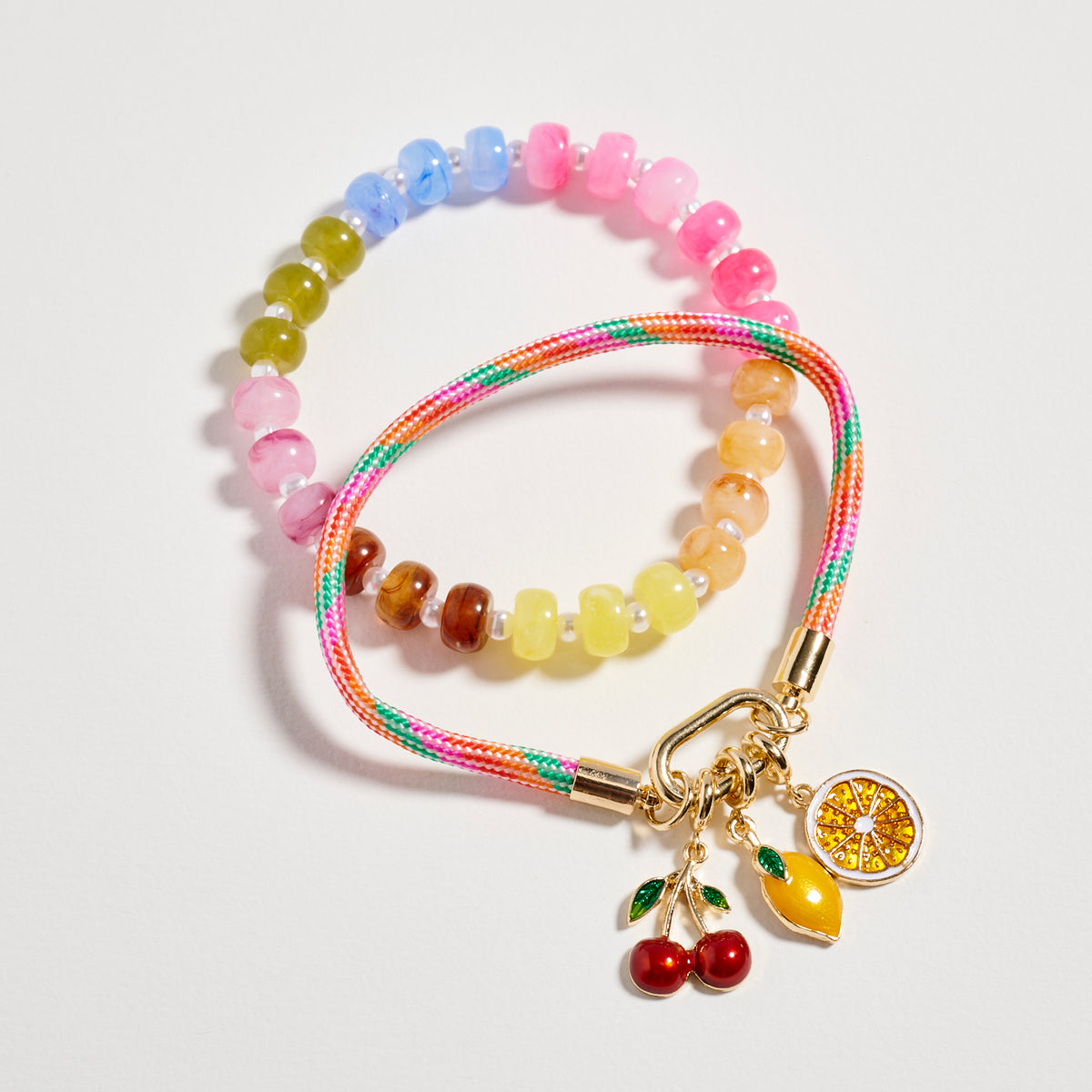 Double Layer Beaded Stretch &amp; Cord Bracelet with Gold Tone Charms