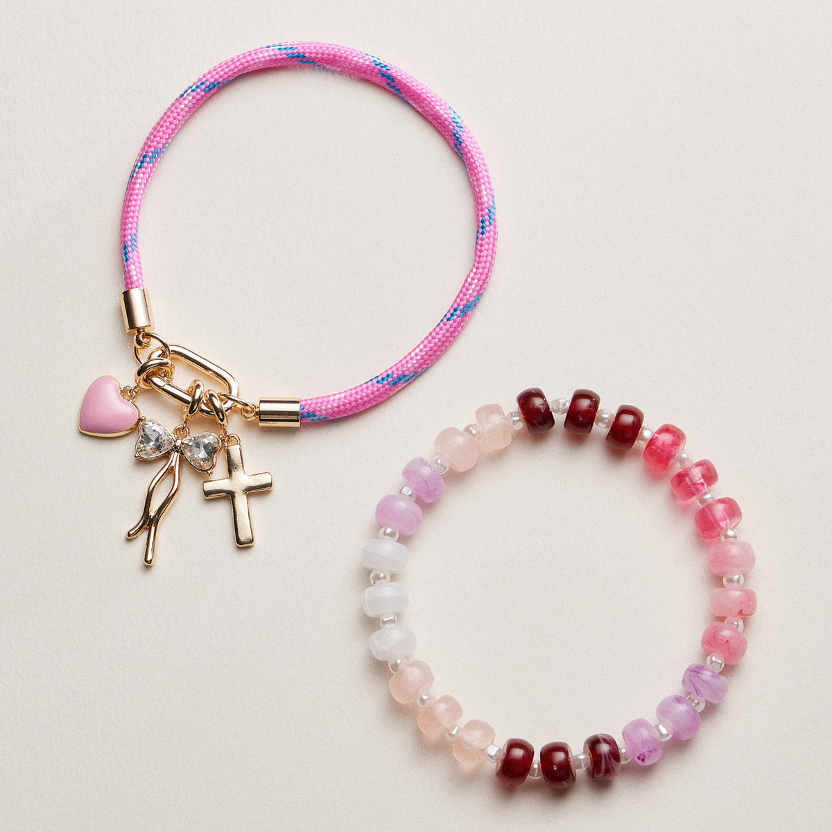 Double Layer Beaded Stretch &amp; Cord Bracelet with Gold Tone Charms