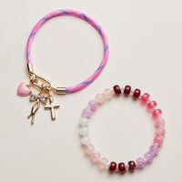 Double Layer Beaded Stretch &amp; Cord Bracelet with Gold Tone Charms