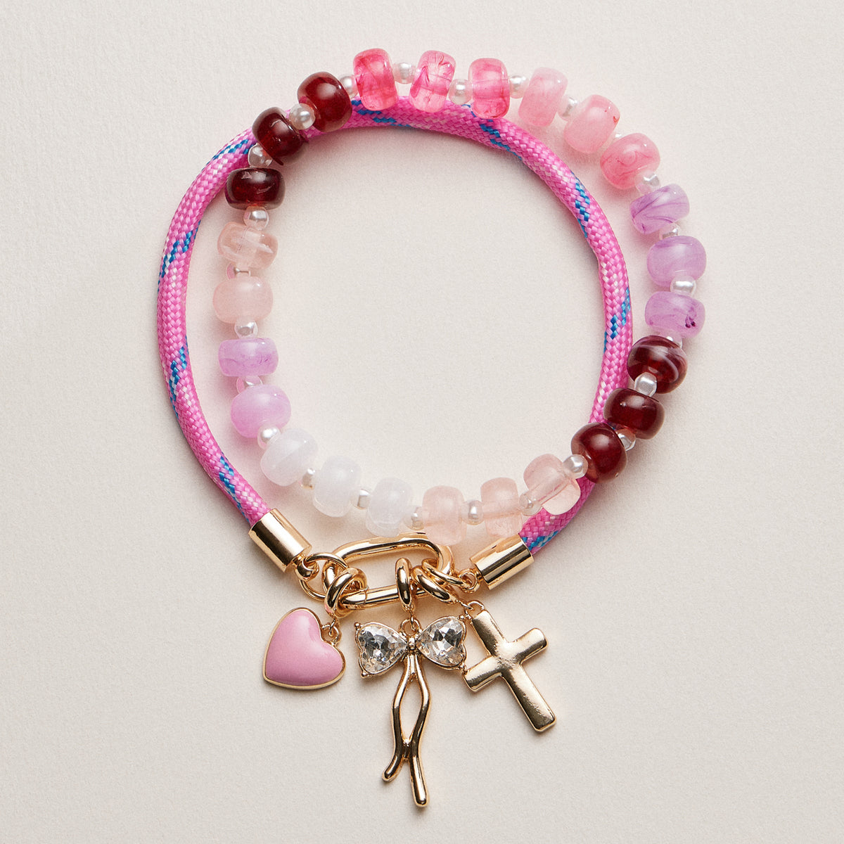 Double Layer Beaded Stretch &amp; Cord Bracelet with Gold Tone Charms