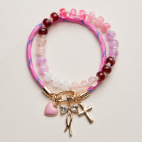 Double Layer Beaded Stretch &amp; Cord Bracelet with Gold Tone Charms