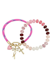 Double Layer Beaded Stretch &amp; Cord Bracelet with Gold Tone Charms