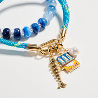 Double Layer Beaded Stretch &amp; Cord Bracelet with Gold Tone Charms