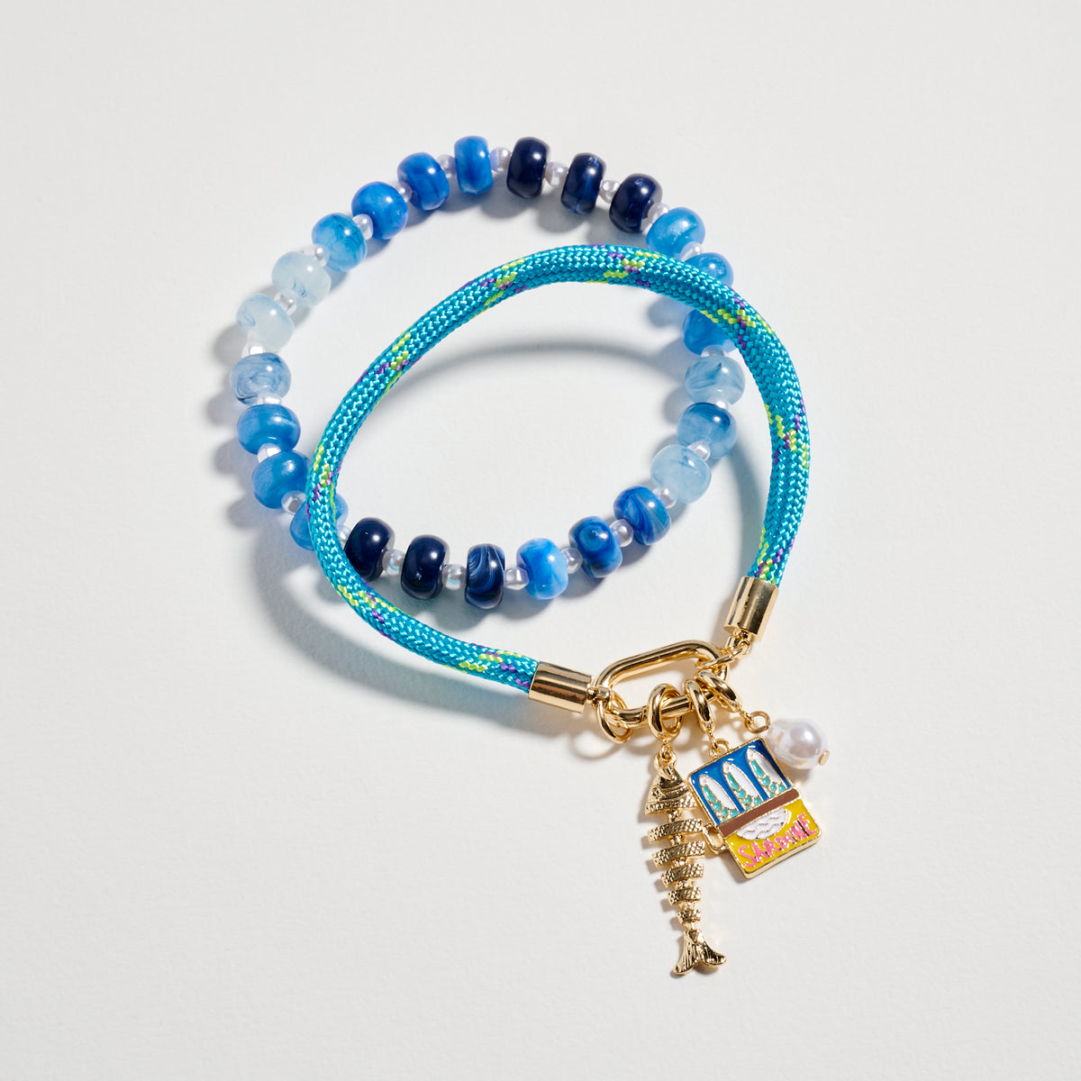 Double Layer Beaded Stretch &amp; Cord Bracelet with Gold Tone Charms