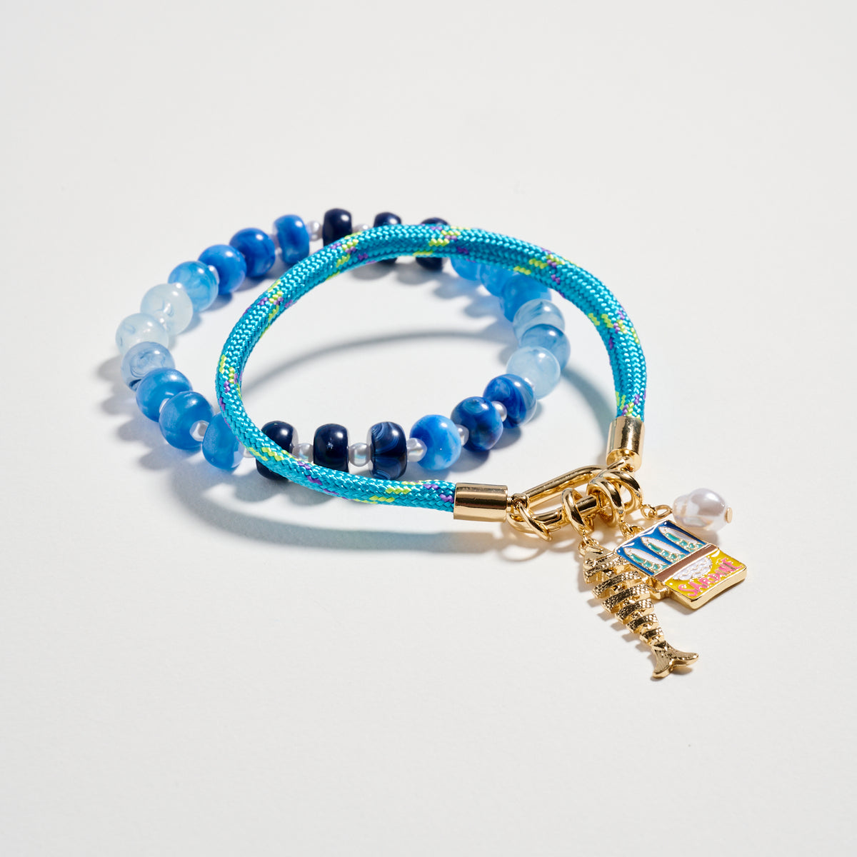 Double Layer Beaded Stretch &amp; Cord Bracelet with Gold Tone Charms