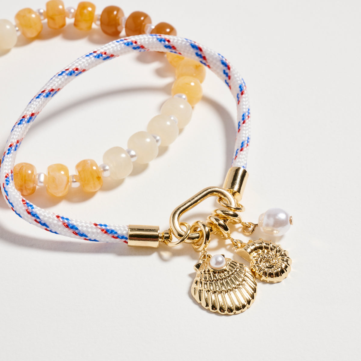 Double Layer Beaded Stretch &amp; Cord Bracelet with Gold Tone Charms