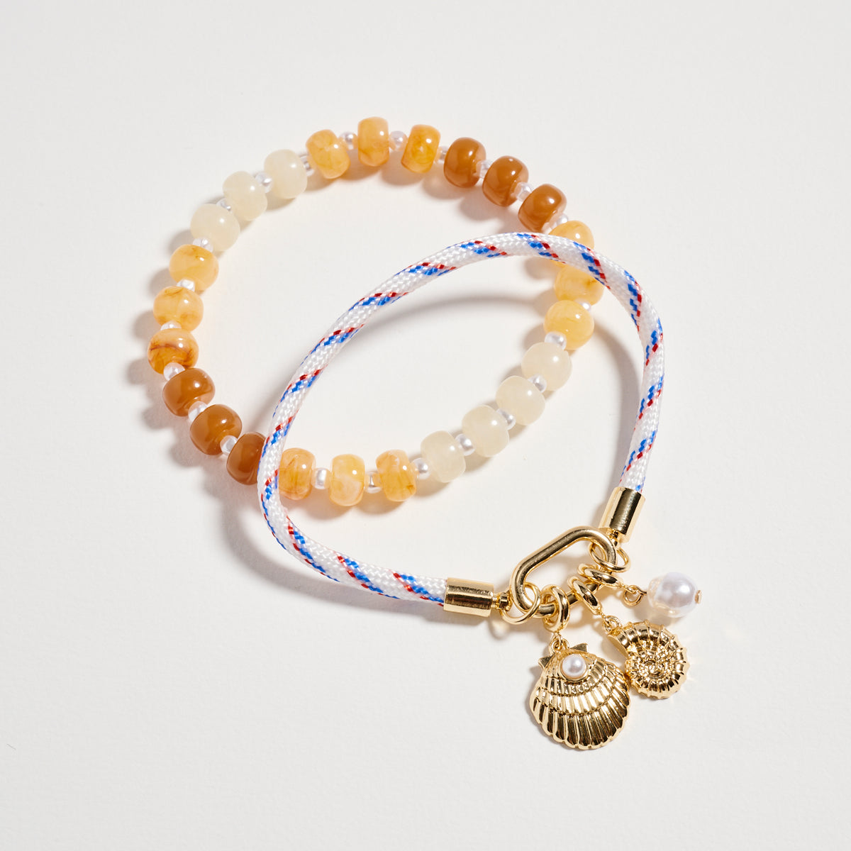 Double Layer Beaded Stretch &amp; Cord Bracelet with Gold Tone Charms