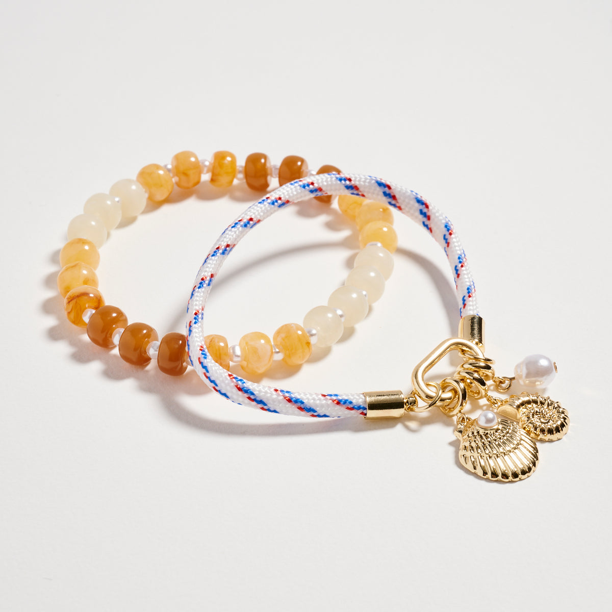 Double Layer Beaded Stretch &amp; Cord Bracelet with Gold Tone Charms