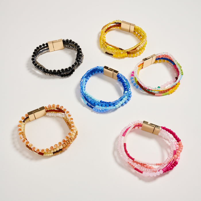 Multilayer Blue Beaded Bracelet with Gold Magnetic Clasp – Boho Stack Stretch Bracelet for Women