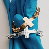 Hammered Cross Charm Chain Bracelet – Gold, Silver & Two-Tone Statement Link Jewelry