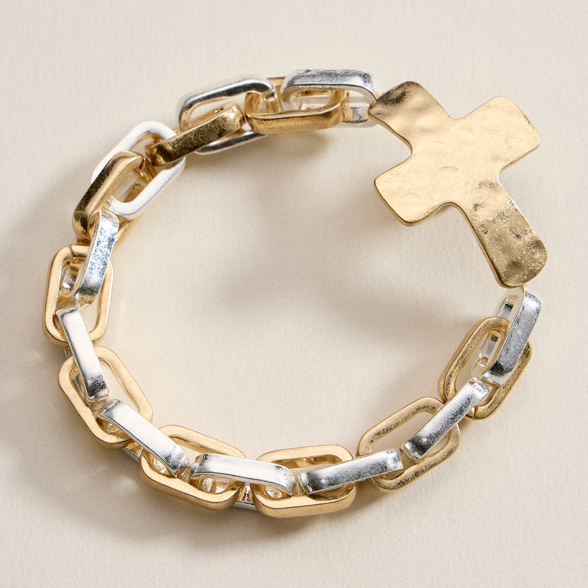 Hammered Cross Charm Chain Bracelet – Gold, Silver & Two-Tone Statement Link Jewelry