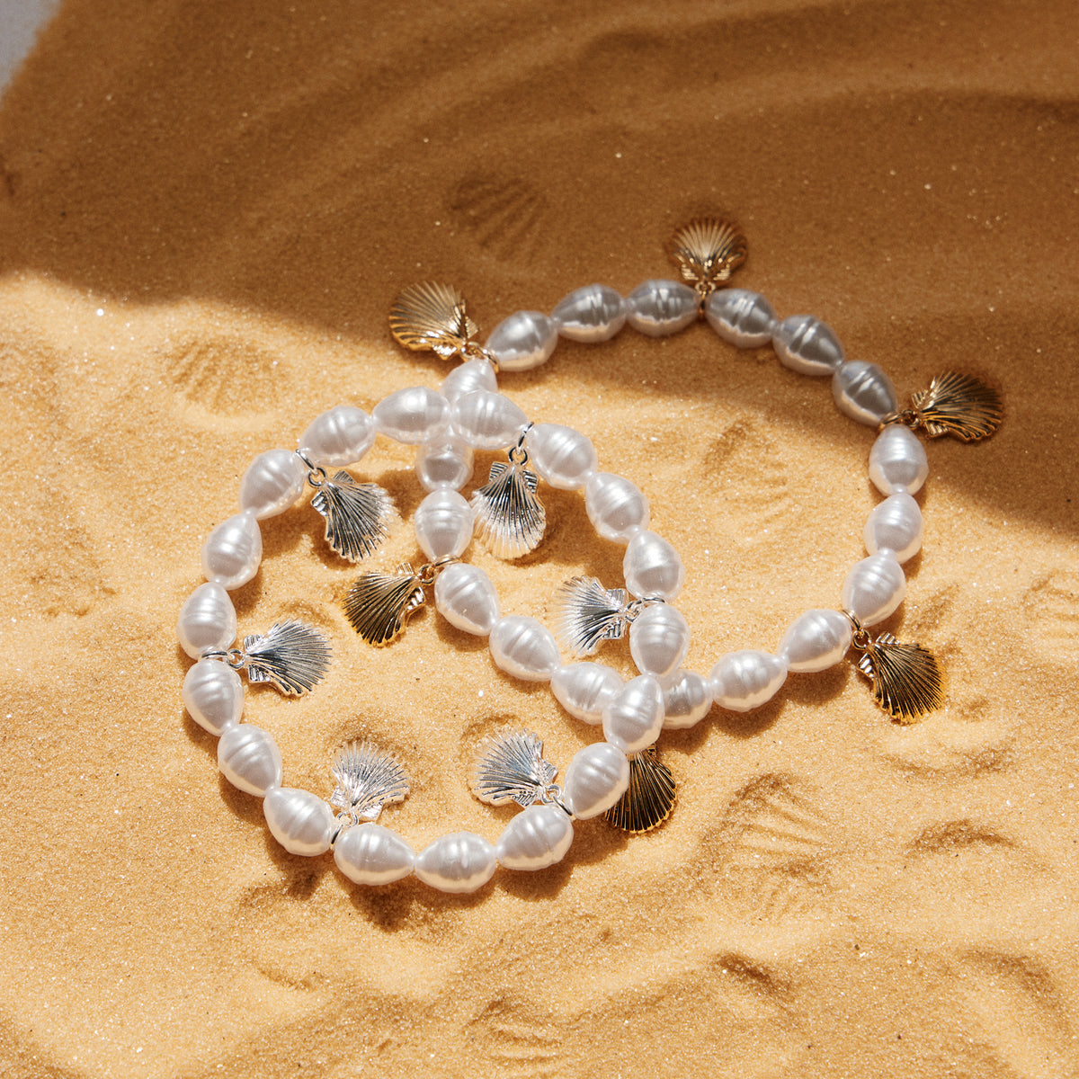 Pearl Bracelet with Gold Scallop Shell Charms