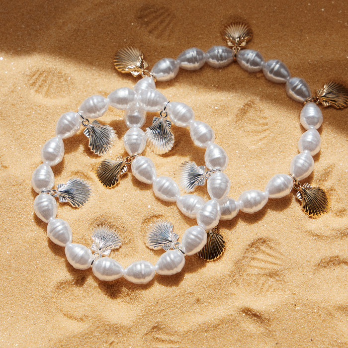 Pearl Bracelet with Gold Scallop Shell Charms