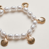 Pearl Bracelet with Gold Scallop Shell Charms