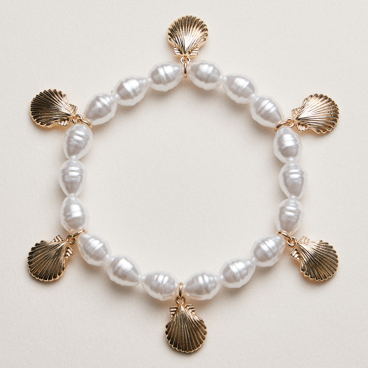 Pearl Bracelet with Gold Scallop Shell Charms