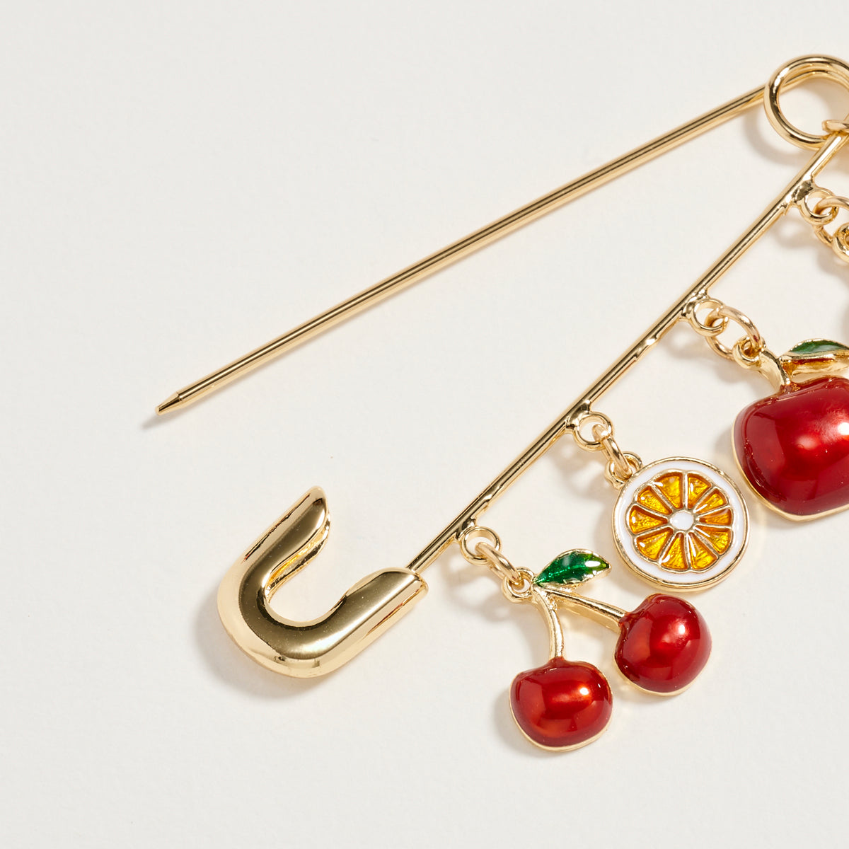 Gold Tone Fruit Charm Safety Pin Brooch
