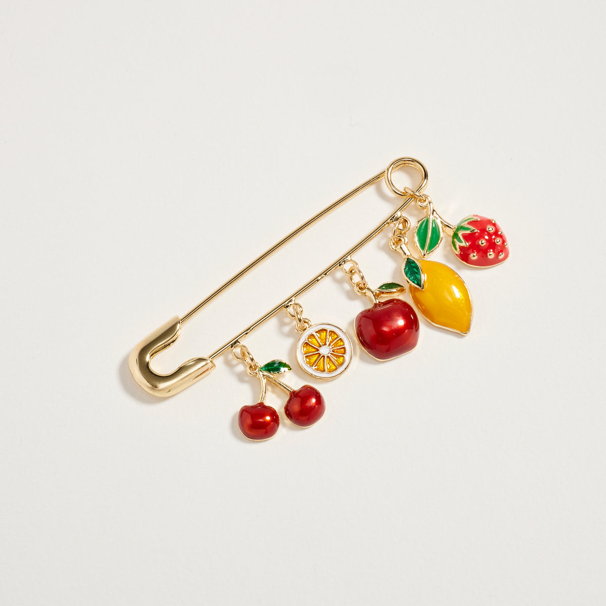 Gold Tone Fruit Charm Safety Pin Brooch