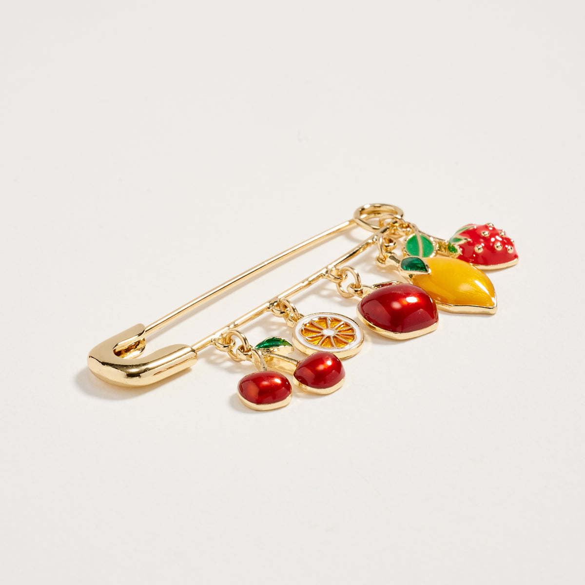 Gold Tone Fruit Charm Safety Pin Brooch